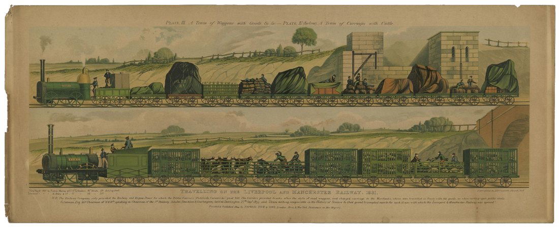 Coloured print in two bands showing traffic on the Liverpool and Manchester Railway in 1831: above, a locomotive hauls wagons of goods under tarpaulins; below, a locomotive hauls open cars of cattle tended by drovers.