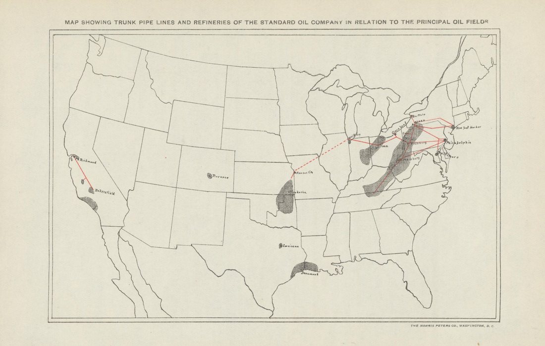 Image 1: Map published in 1906 of the trunk pipelines and refineries of the Standard Oil Company in relation to the principal oil fields of the United States. Red lines run from the fields of Pennsylvania, Ohio, Indiana and Kansas to refineries and ports such as New York Harbor, Philadelphia, Baltimore and Whiting, and in California from Bakersfield to Richmond.