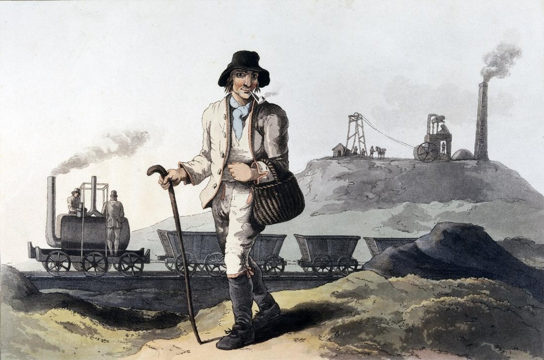 Hand-coloured print of a collier with a pipe, a cane and a basket. Behind him Blenkinsop's steam locomotive hauls a train of coal wagons along the Middleton Railway, below a pithead with its winding gear and chimney.