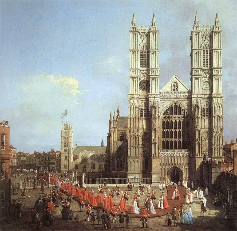Painting of the west front of Westminster Abbey, with a procession of the Knights of the Bath in red robes crossing the square before it.